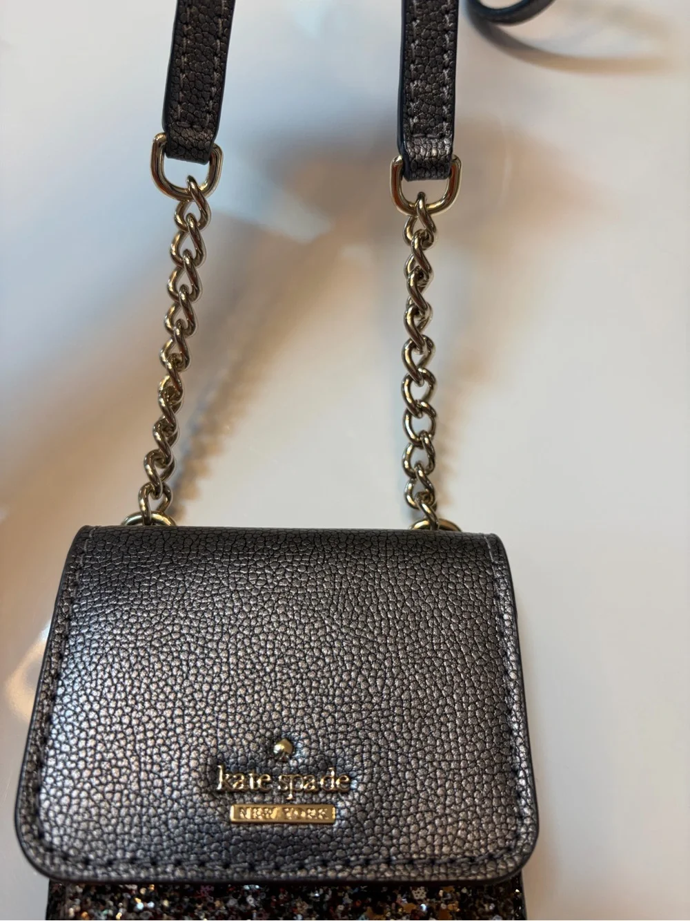 #792 kate spade Metallic Charcoal Pebbled Leather Phone Pouch with Glitter Trim